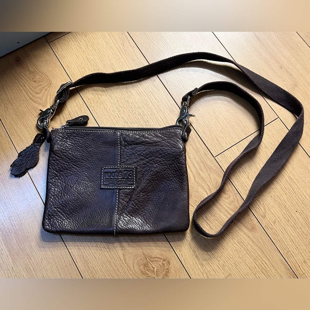 Roots Pebbled Brown Leather Crossbody Bag